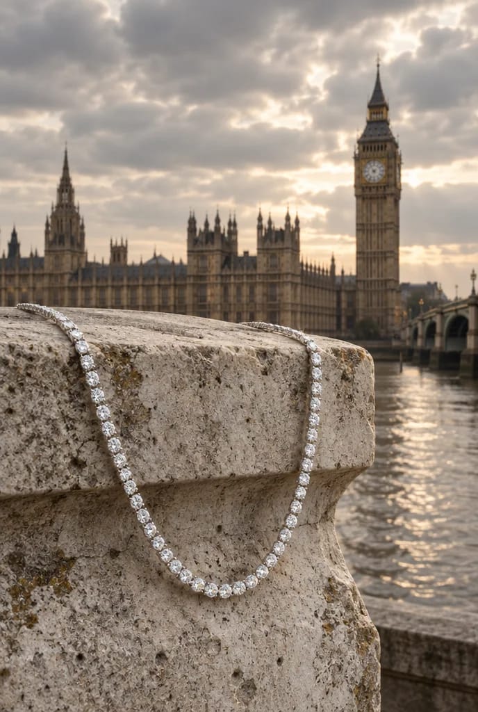 Novogotický Westminsterský palác a diamantový náhrdelník na vápencovom kameni